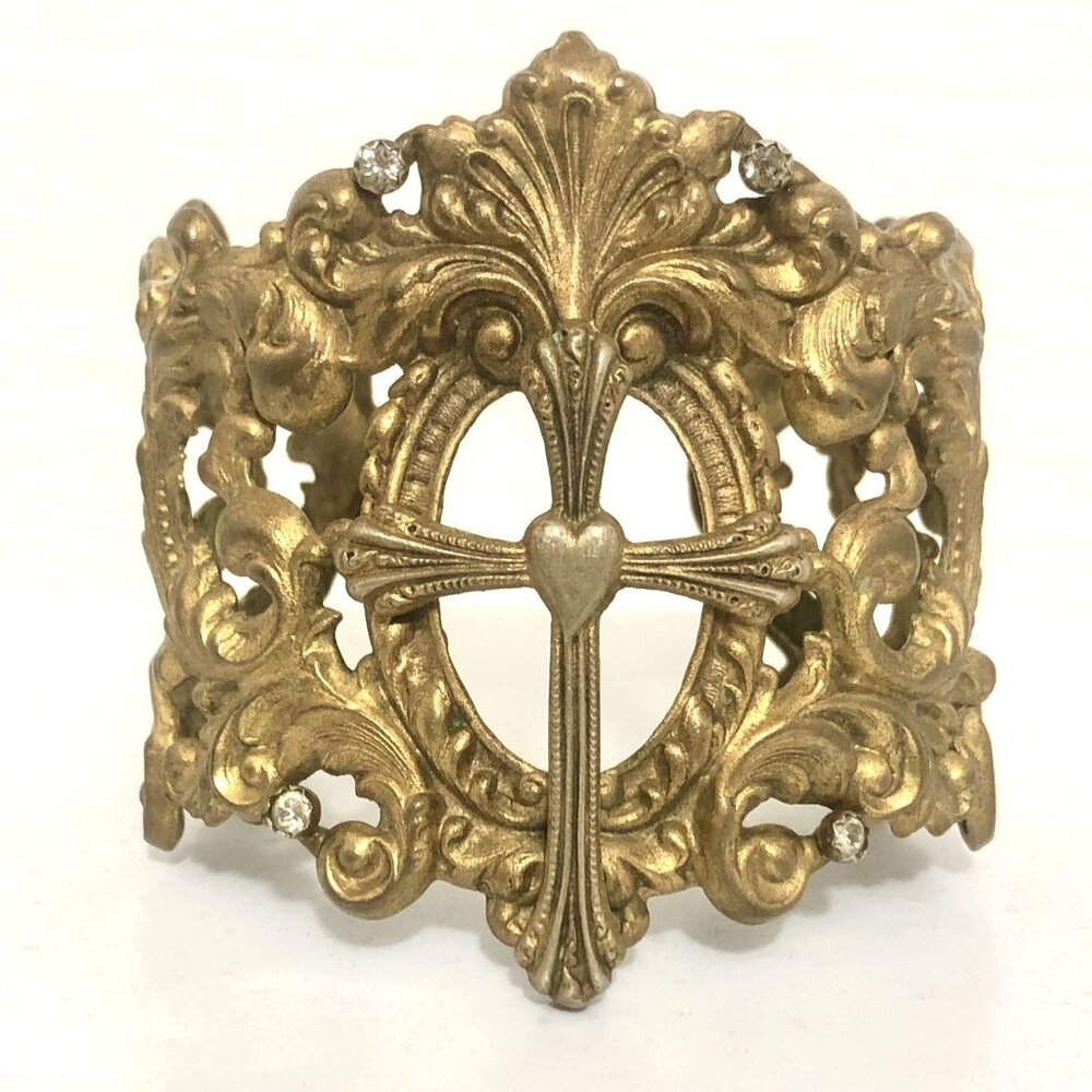 Vintage Wide Cuff Bracelet Virgins Saints & Angels Cross Gold Tone Ornate